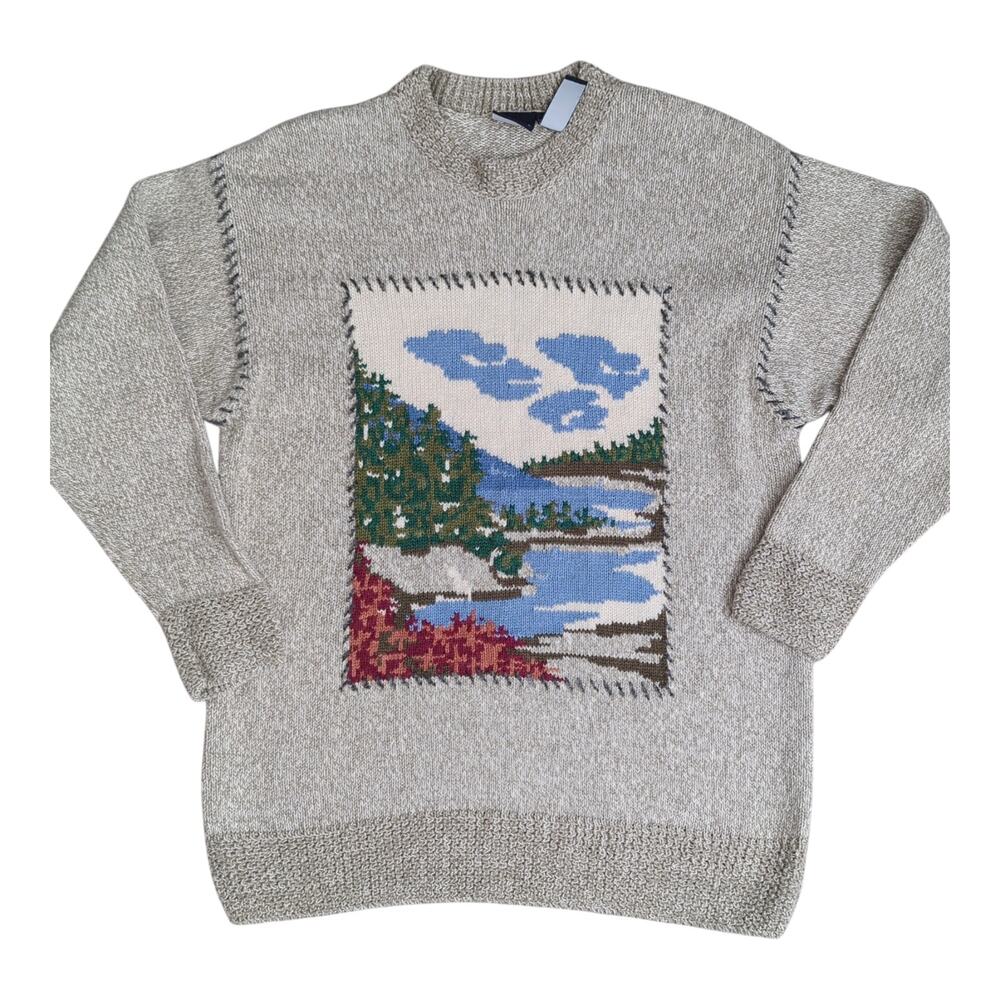Vintage Womens Sweater Medium Oversize Lake Landscape Country Cabincore Nature‎